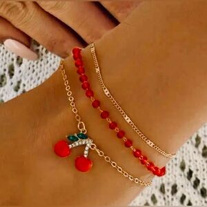 3pcs Red cherry Pendant Golden Chain Multi-Layer Stackable Bracelet